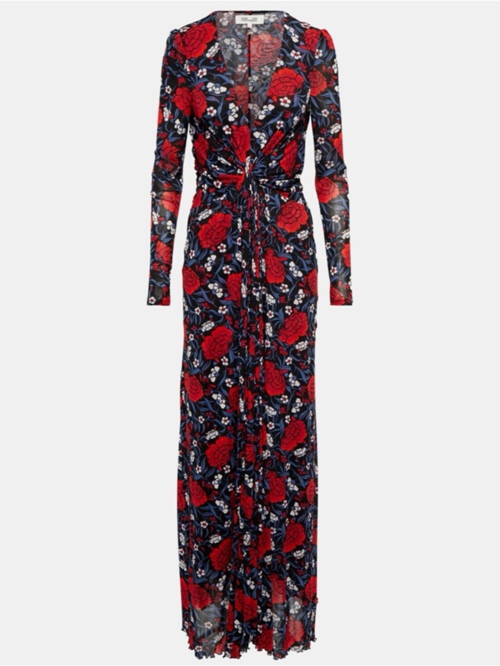 Diane Von Furstenberg Red Floral on Navy Long Sleeve Maxi Dress